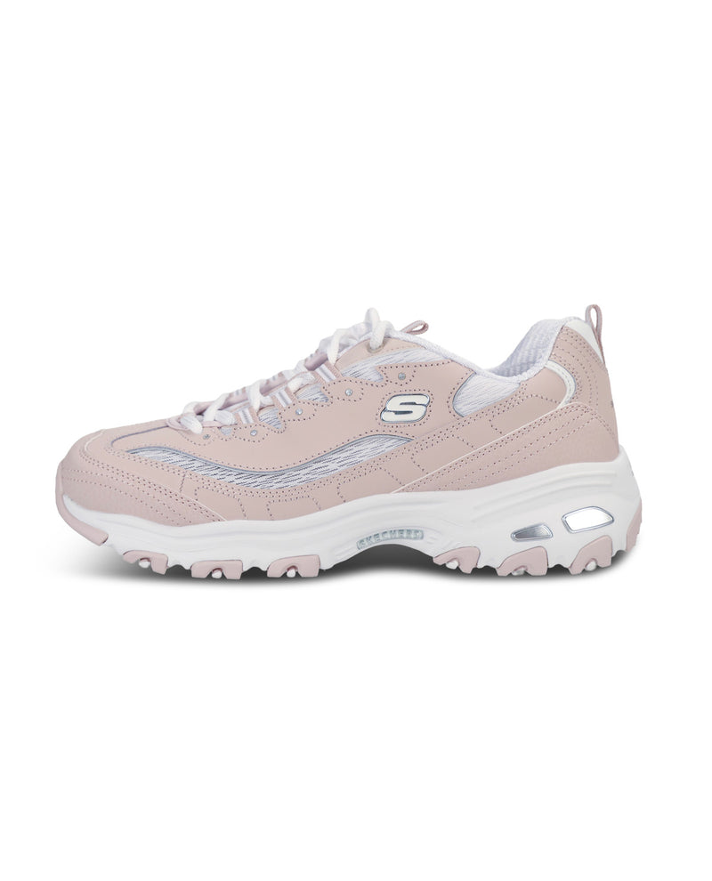 A Skechers sneaker in a light dusty pink and white colorway, featuring a chunky sole and the signature Skechers logo on the side, shown against a plain white background.