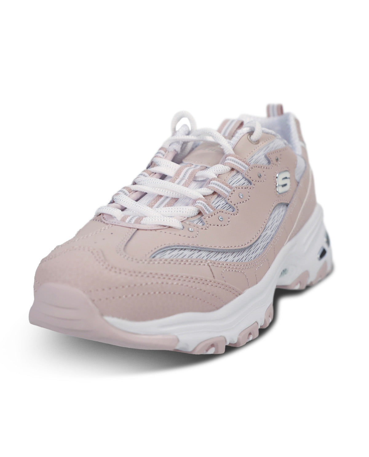 A light pink and white chunky sneaker with a thick sole, shown from a three-quarters angle on a white background.