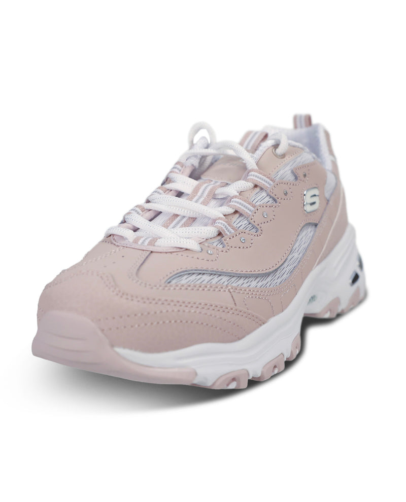 A light pink and white chunky sneaker with a thick sole, shown from a three-quarters angle on a white background.
