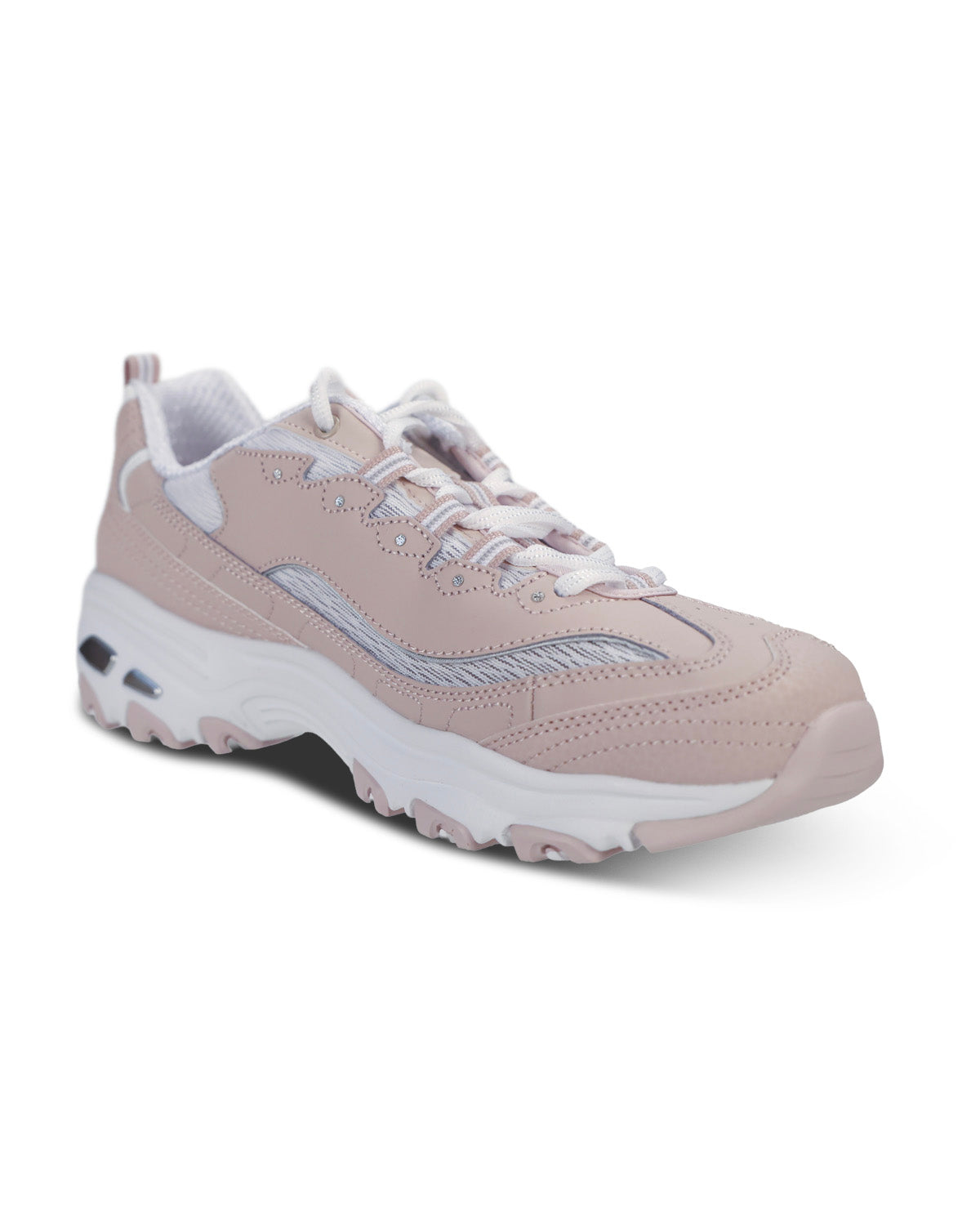 A single chunky sneaker in a light dusty pink and white colorway, shown from a three-quarters angle against a plain white background.