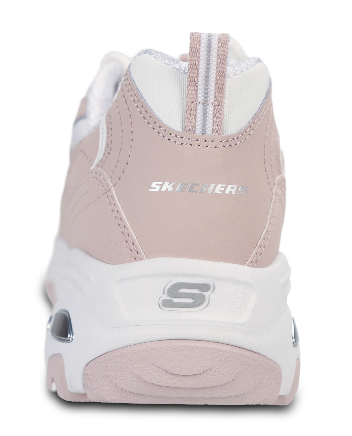 A Skechers sneaker shown from the back, featuring a light dusty pink upper with white midsole and heel details, and the Skechers logo printed on the side and heel.