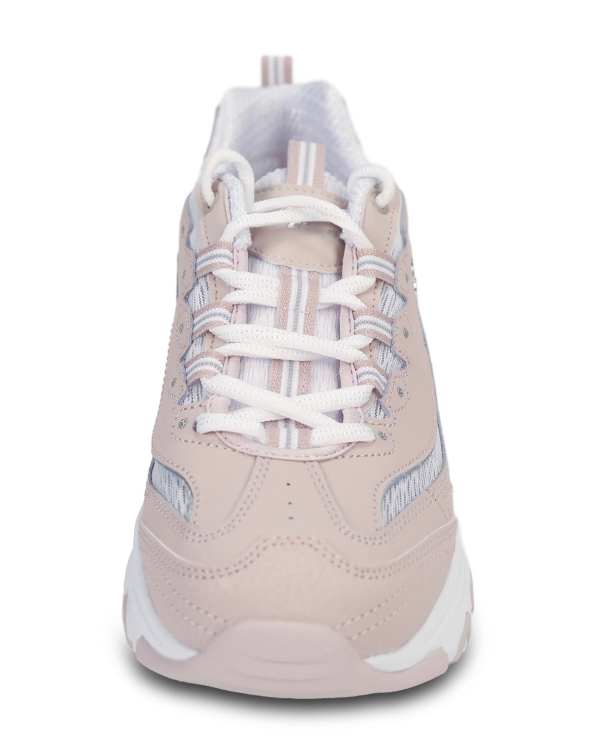 A light pink and white chunky sneaker shown from a front-facing angle against a plain white background.
