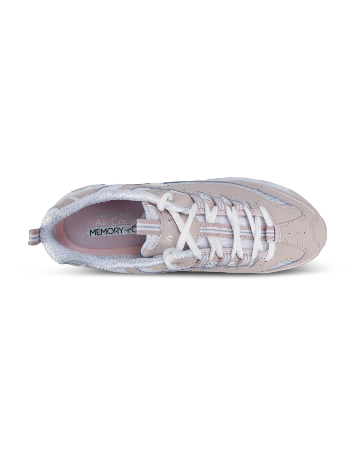 A Skechers sneaker in a light dusty pink and white colorway, featuring a chunky sole and the signature Skechers logo on the side, shown against a plain white background.