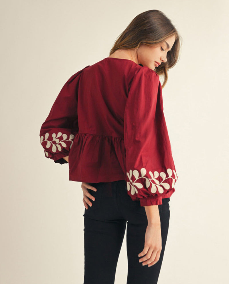 3/4 Balloon Sleeves Peplum Top, Front Bow Tie, Embroidered Sleeve Edge Detail