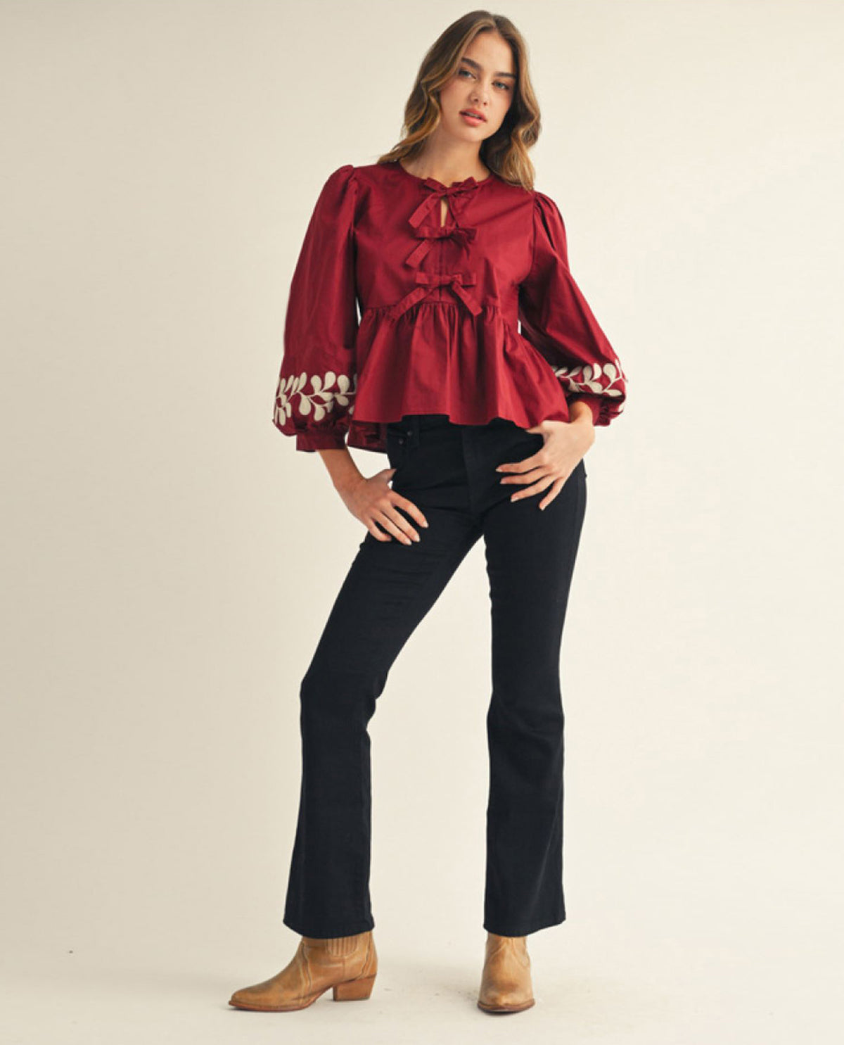 3/4 Balloon Sleeves Peplum Top, Front Bow Tie, Embroidered Sleeve Edge Detail