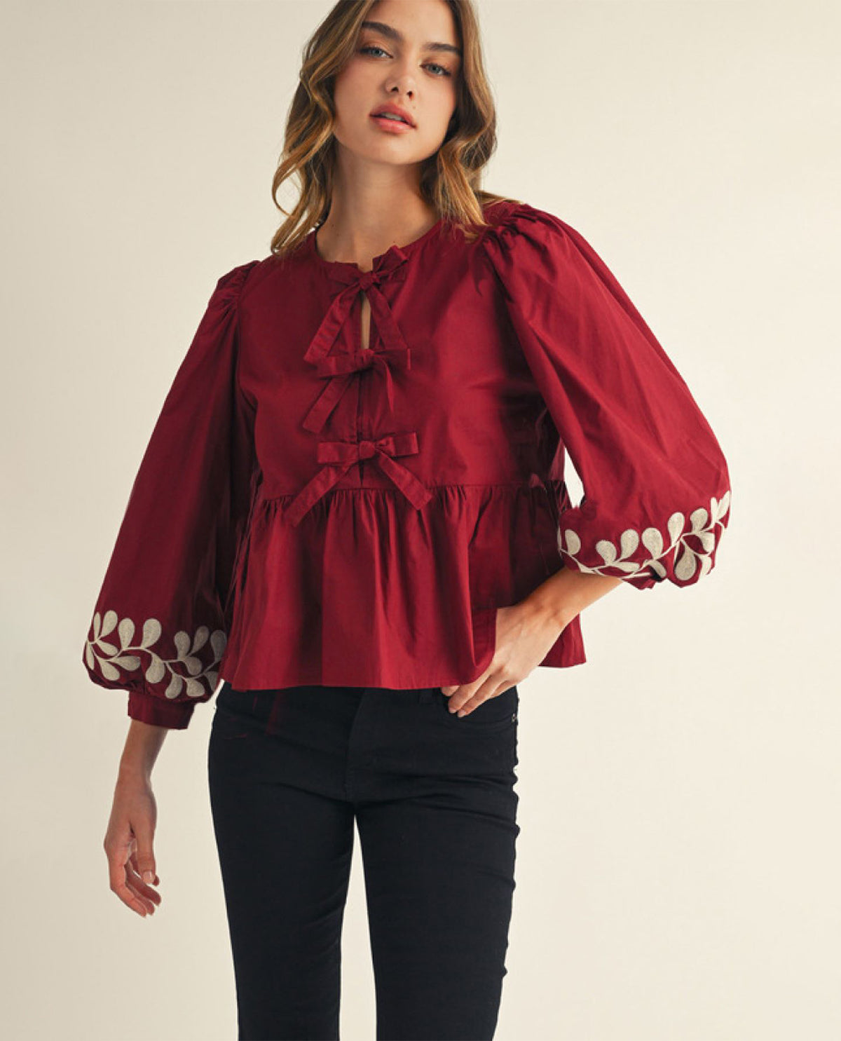 3/4 Balloon Sleeves Peplum Top, Front Bow Tie, Embroidered Sleeve Edge Detail