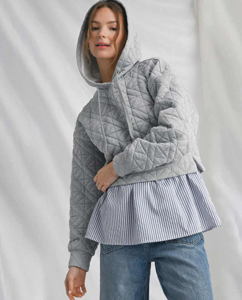 Long Sleeves Textured Fabric Hoodie Sweatshirt with Stripe Contrast Accent