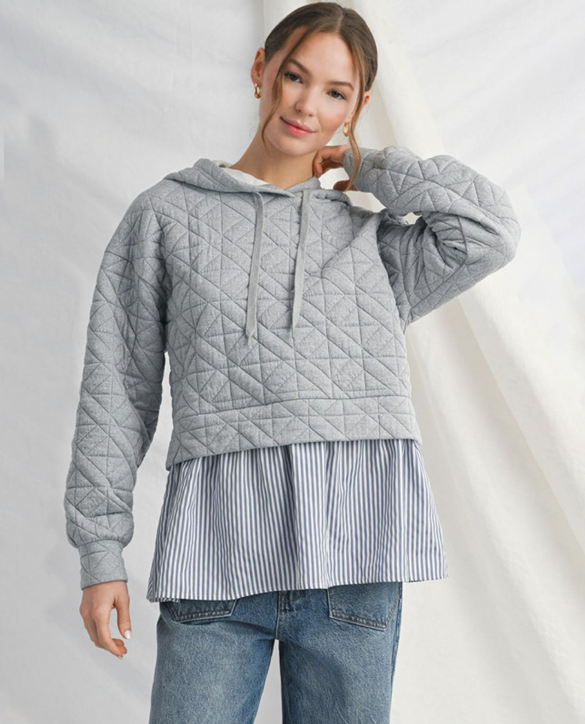 Long Sleeves Textured Fabric Hoodie Sweatshirt with Stripe Contrast Accent