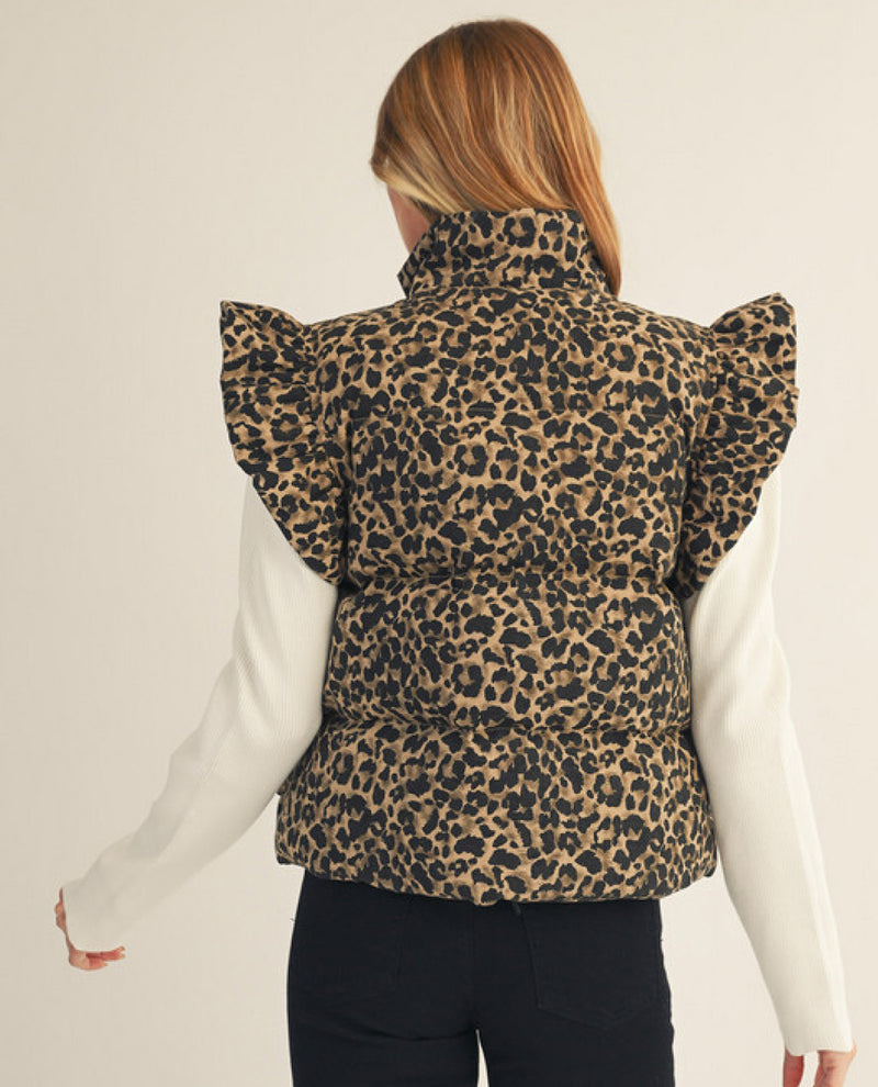 Jodifl High Neck Leopard Print Ruffled Puffy Vest