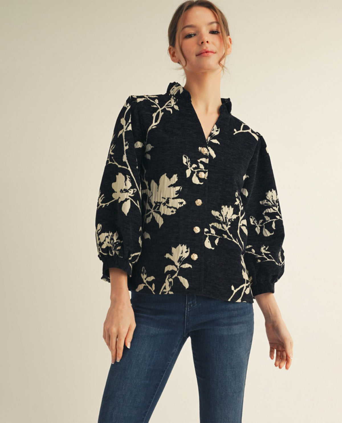 Button Down Floral Jacquard Top