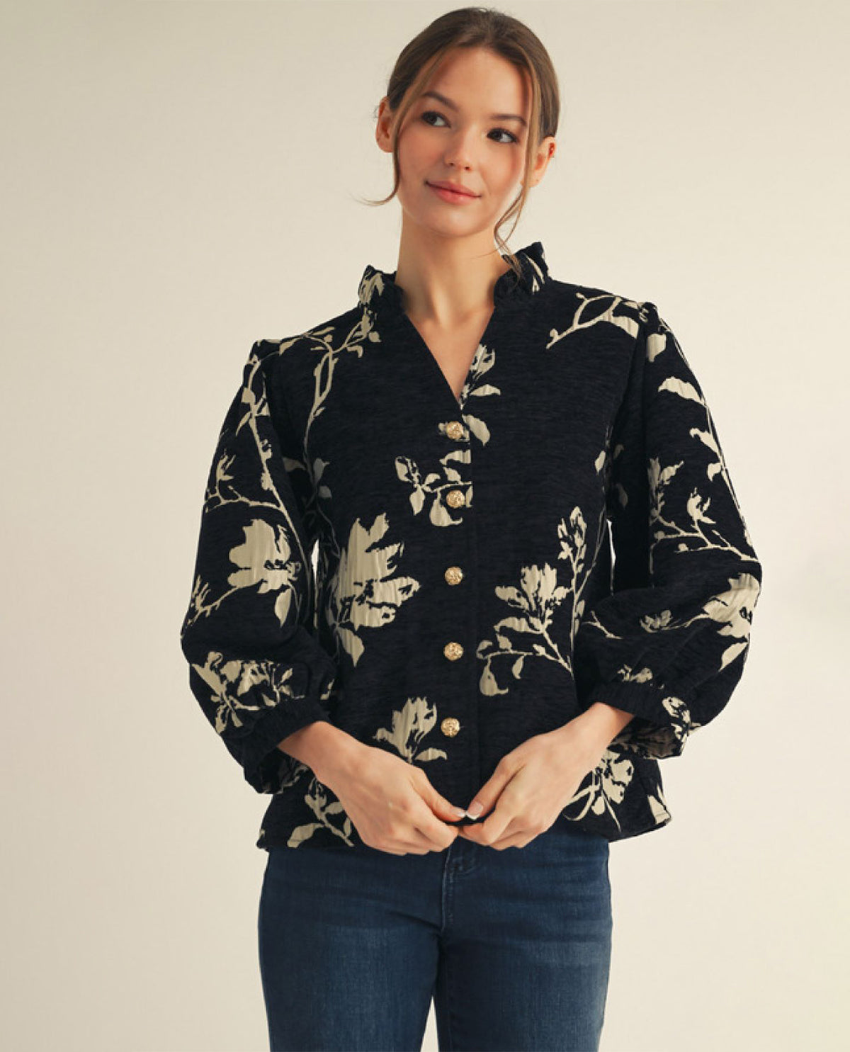 Button Down Floral Jacquard Top