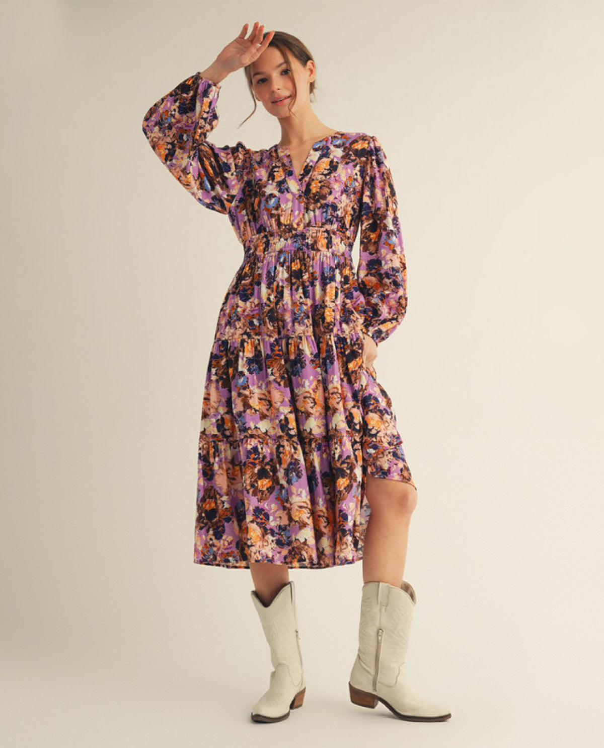 Jodifl Long Sleeve Tiered Floral Dress with Side Pockets