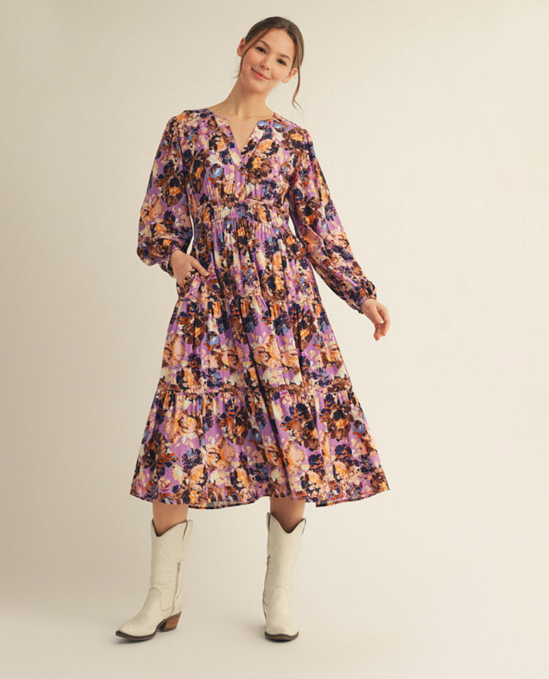 Jodifl Long Sleeve Tiered Floral Dress with Side Pockets