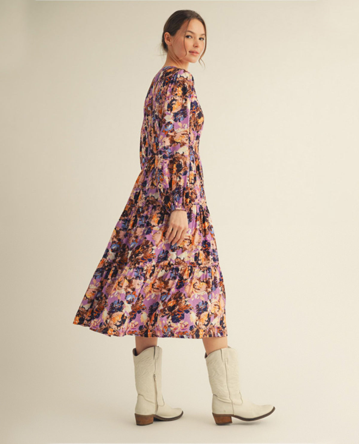Jodifl Long Sleeve Tiered Floral Dress with Side Pockets