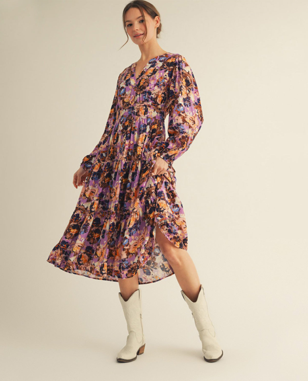 Jodifl Long Sleeve Tiered Floral Dress with Side Pockets