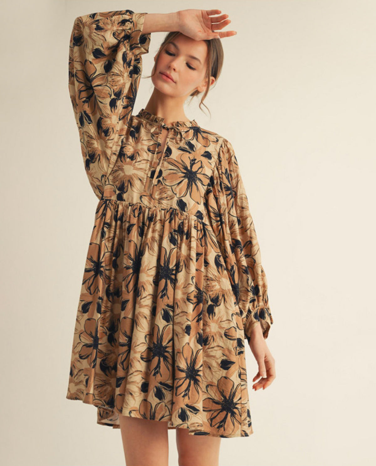 Jodifl Long Sleeve Floral Peasant Dress with Front Tie and Side Pockets
