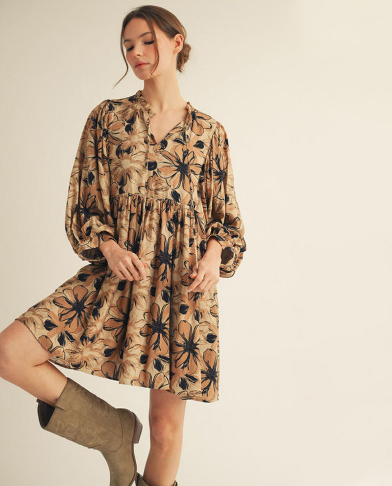 Jodifl Long Sleeve Floral Peasant Dress with Front Tie and Side Pockets