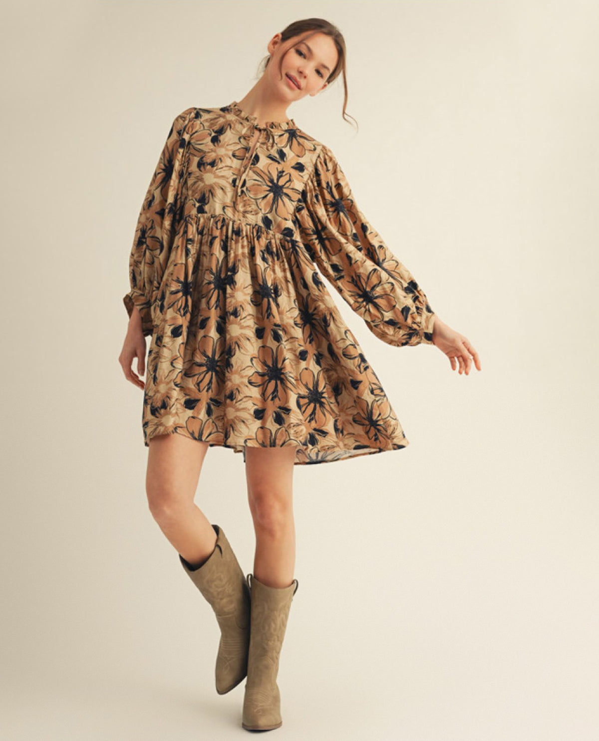 Jodifl Long Sleeve Floral Peasant Dress with Front Tie and Side Pockets