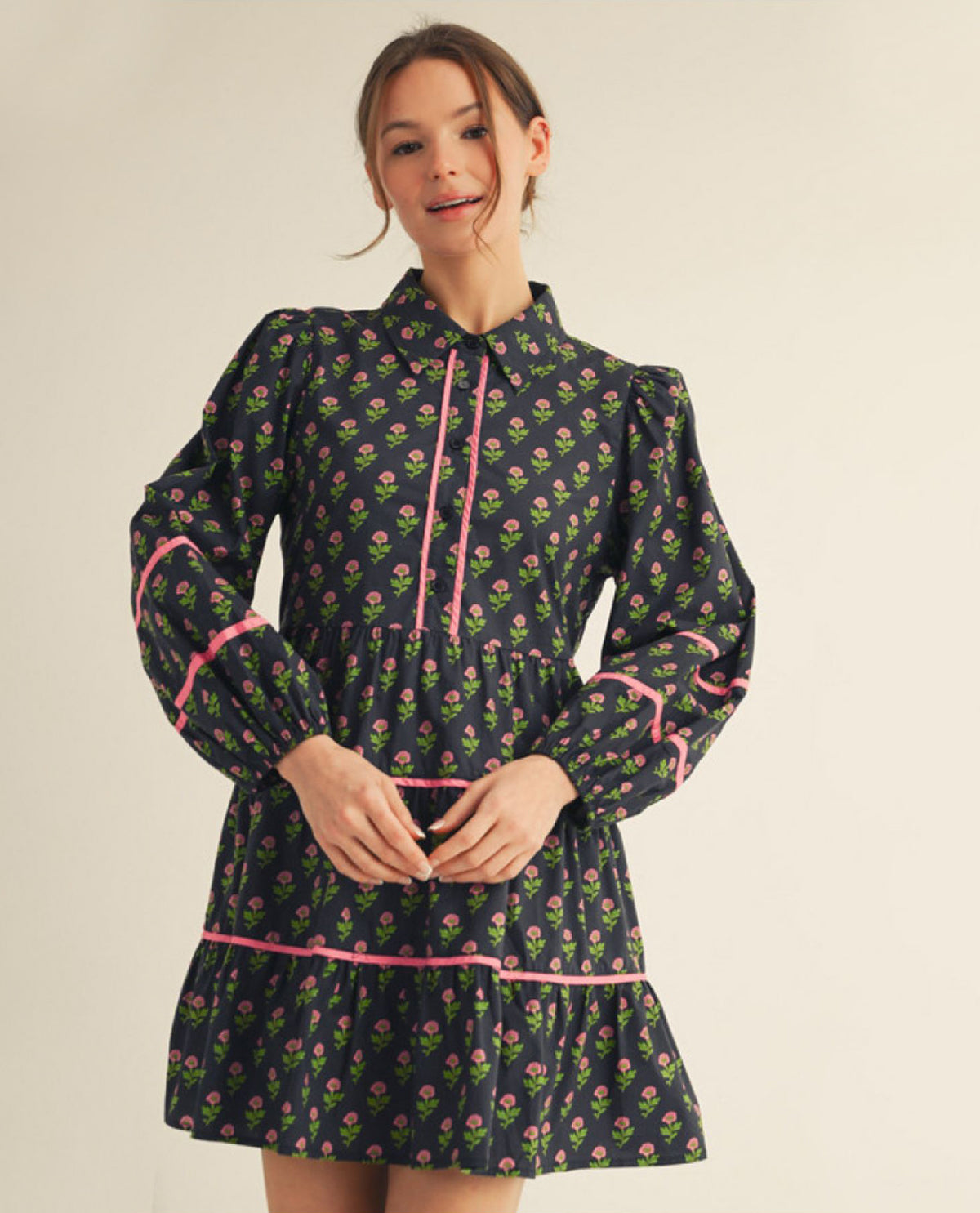 Jodifl Long Sleeves Button Down Floral Dress with Contrast Trim Accent and Collared Neckline