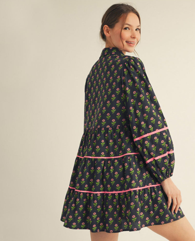 Jodifl Long Sleeves Button Down Floral Dress with Contrast Trim Accent and Collared Neckline