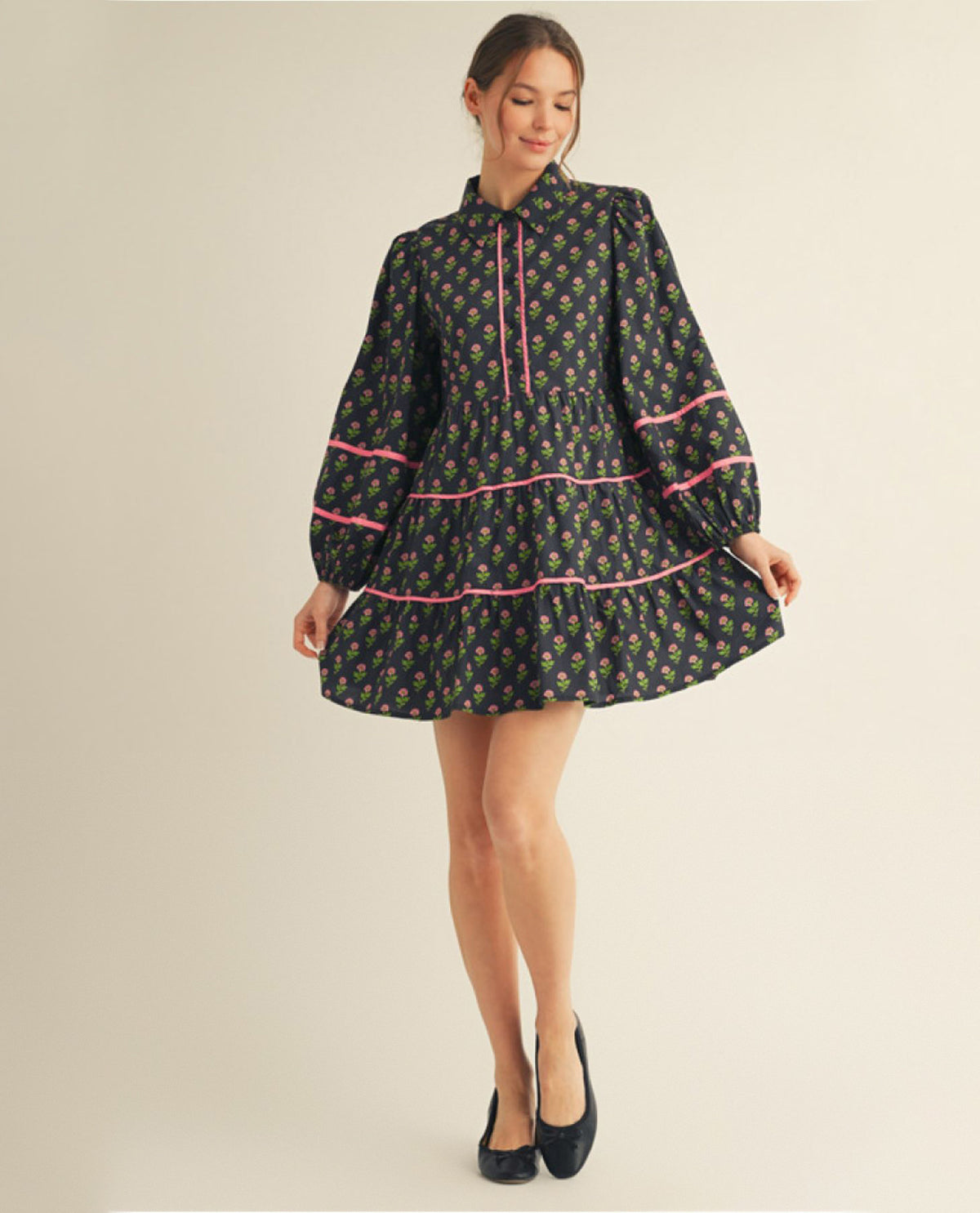 Jodifl Long Sleeves Button Down Floral Dress with Contrast Trim Accent and Collared Neckline