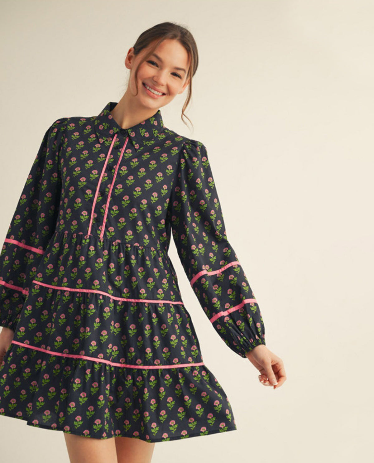 Jodifl Long Sleeves Button Down Floral Dress with Contrast Trim Accent and Collared Neckline