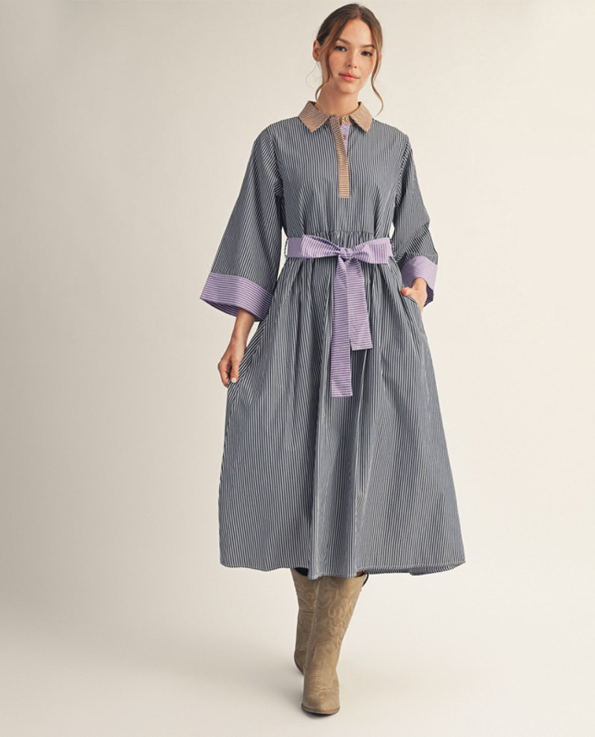 Jodifl Mix Striped Tie Waist Dress