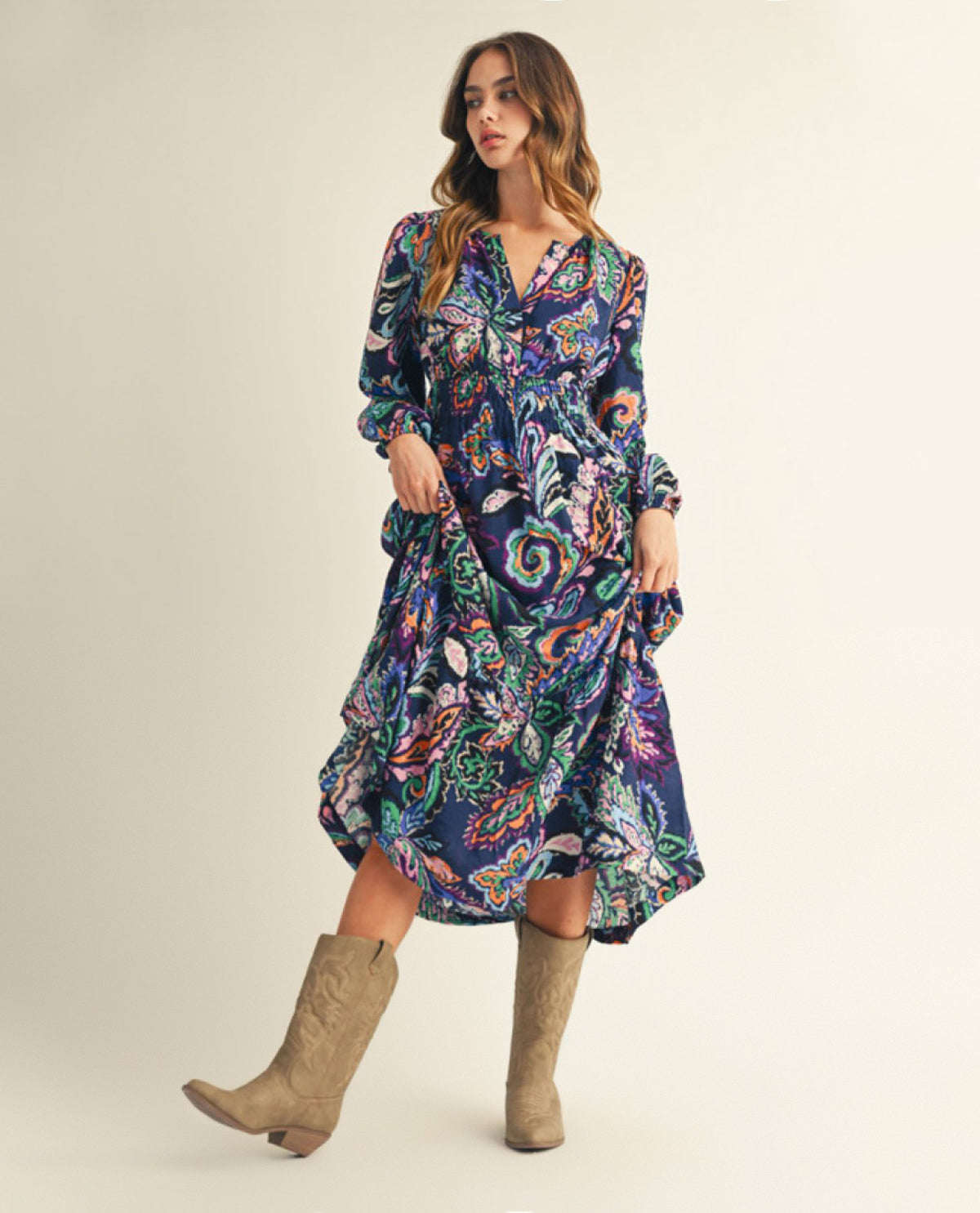 Jodifl Long Sleeve Paisley Floral Midi Dress with Smocked Waistline