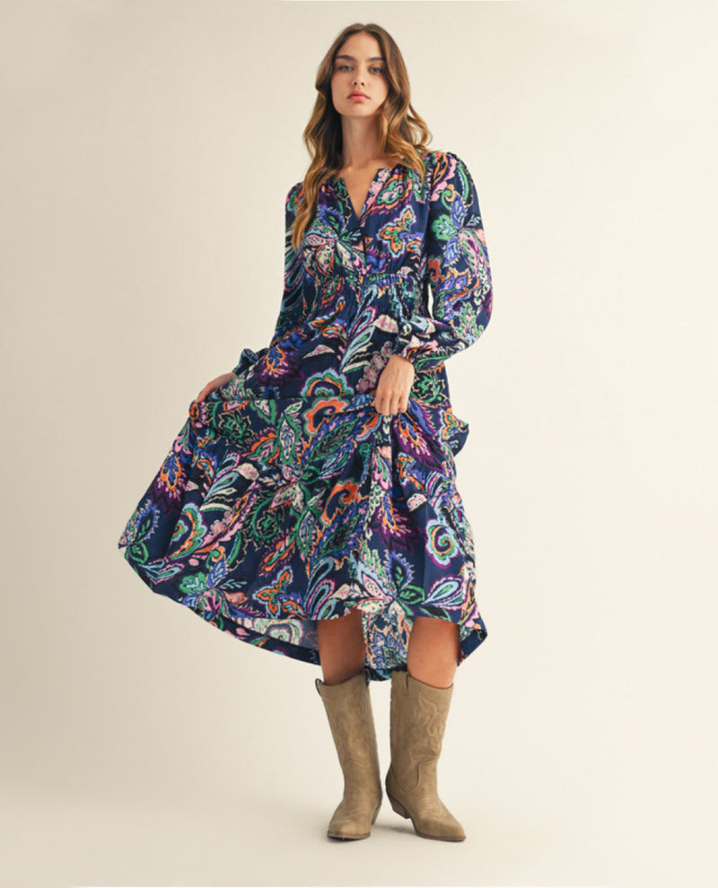 Jodifl Long Sleeve Paisley Floral Midi Dress with Smocked Waistline
