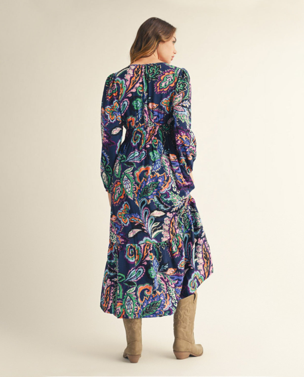 Jodifl Long Sleeve Paisley Floral Midi Dress with Smocked Waistline