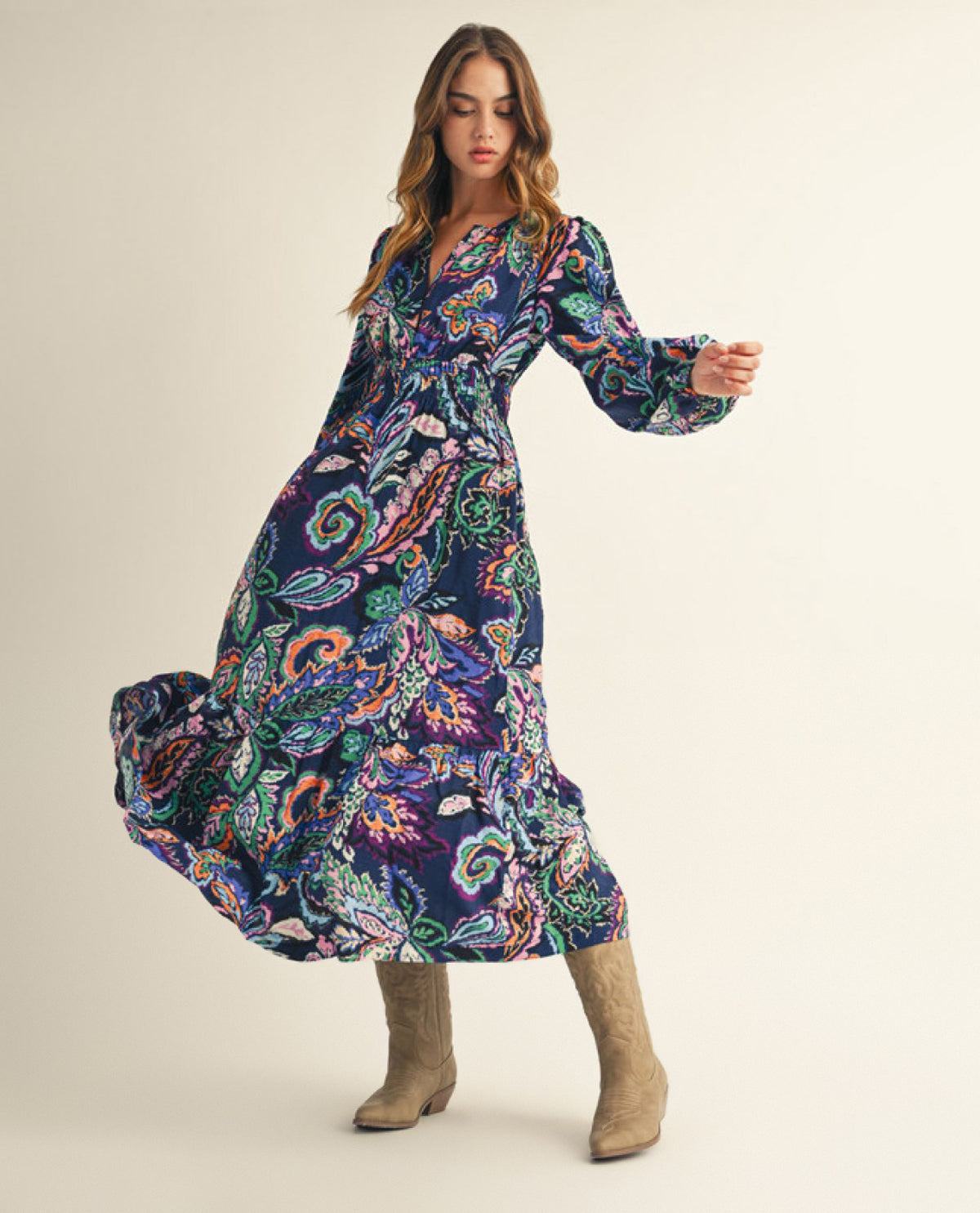 Jodifl Long Sleeve Paisley Floral Midi Dress with Smocked Waistline