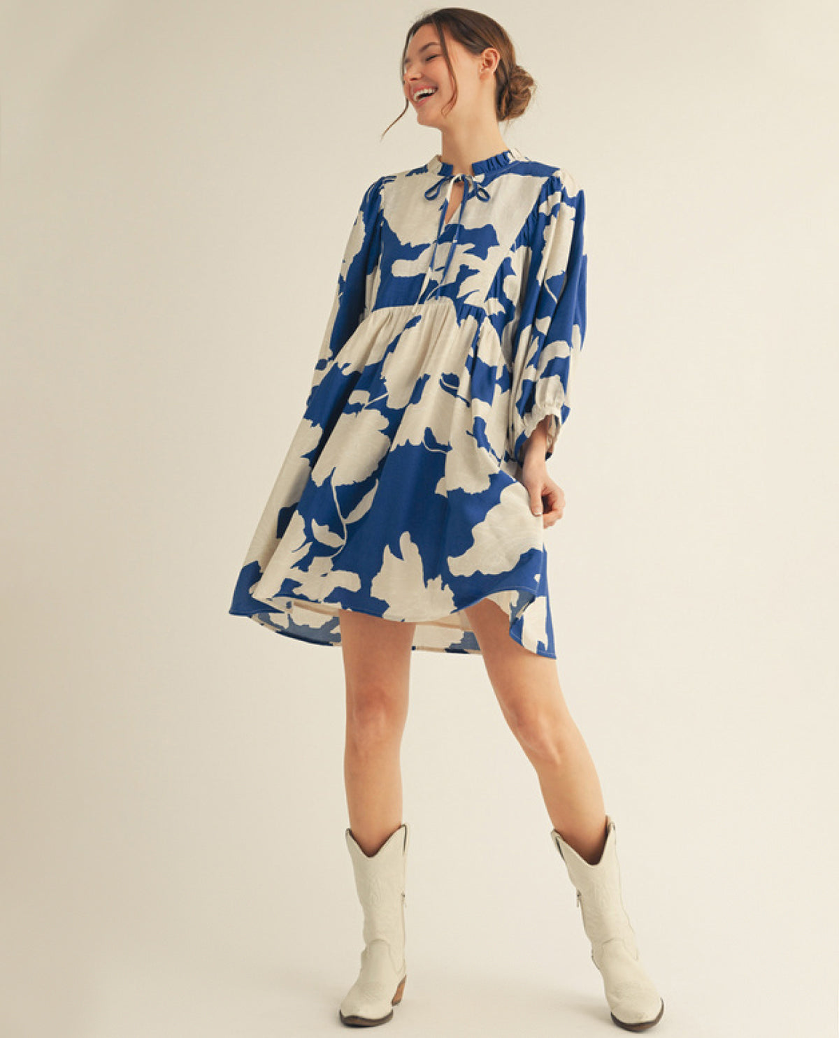 Jodifl Plus Floral Peasant Dress with Ruffle Neckline Detail and Side Pockets