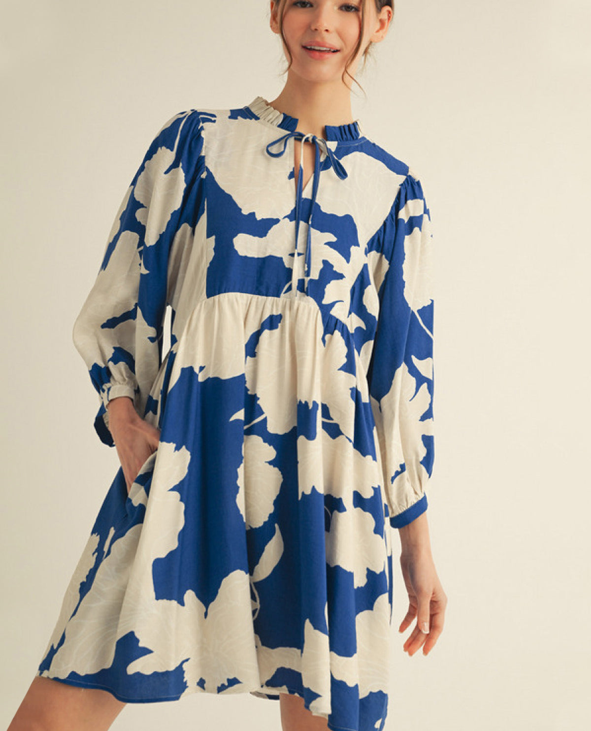 Jodifl Plus Floral Peasant Dress with Ruffle Neckline Detail and Side Pockets