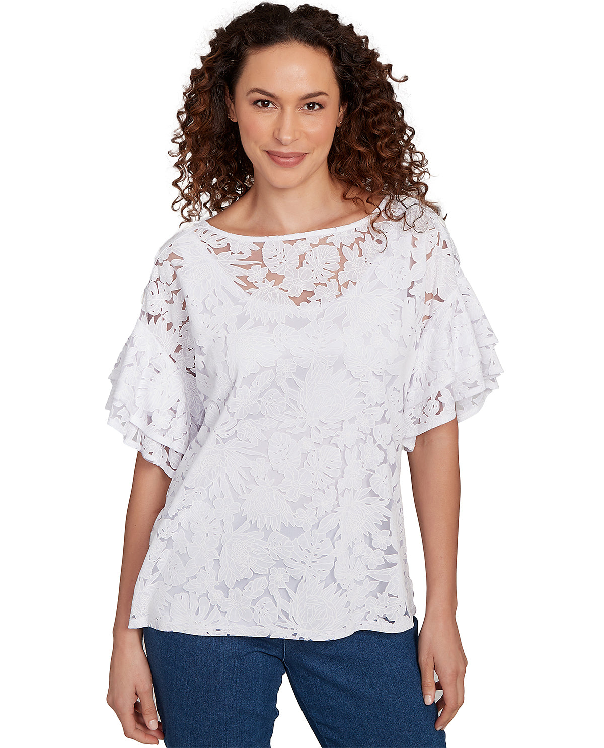 Ruby Road Bali Bliss Lace Puff Flutter Knit Top White