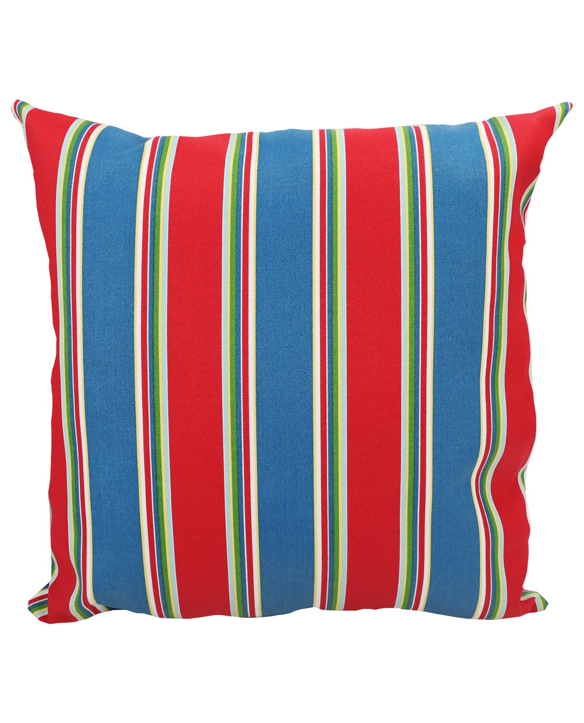 A square throw pillow featuring a bold vertical stripe pattern with alternating blocks of red and blue, accented by thin stripes of green, white, and yellow.