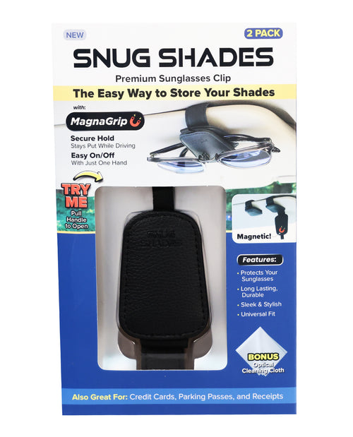 Snug Shades premium sunglasses clip packaging with black clip and branding details.