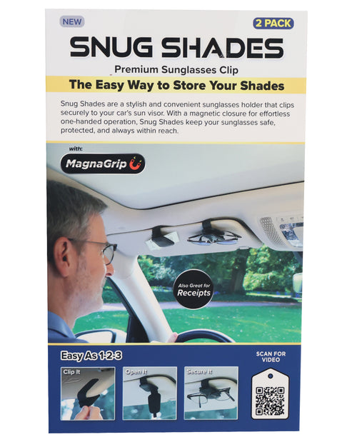 Snug Shades sunglasses clip packaging with a man wearing glasses and a car interior.