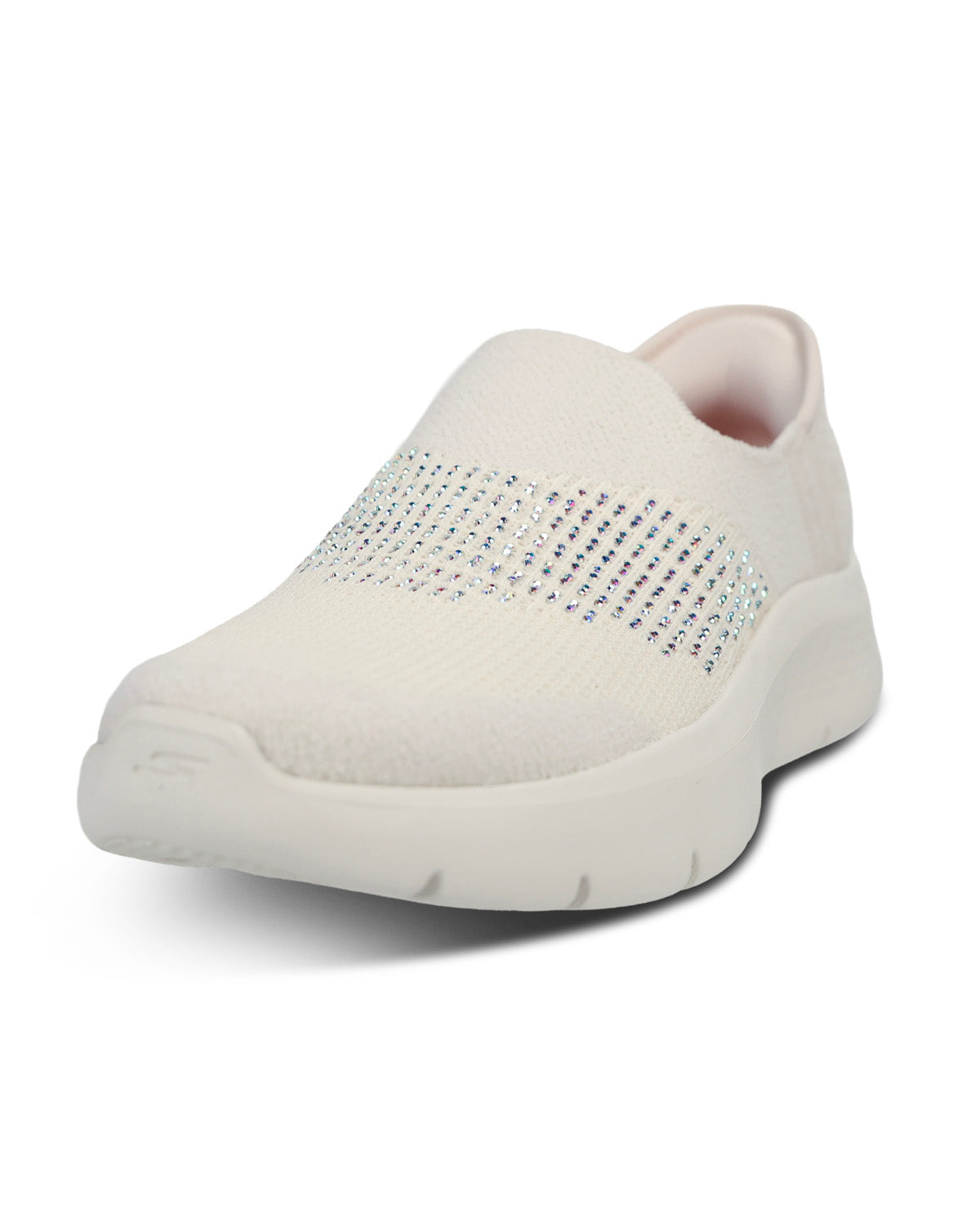 A white slip-on sneaker with a textured knit upper, a horizontal band of silver rhinestones across the side, and a thick white cushioned sole, shown on a plain white background.