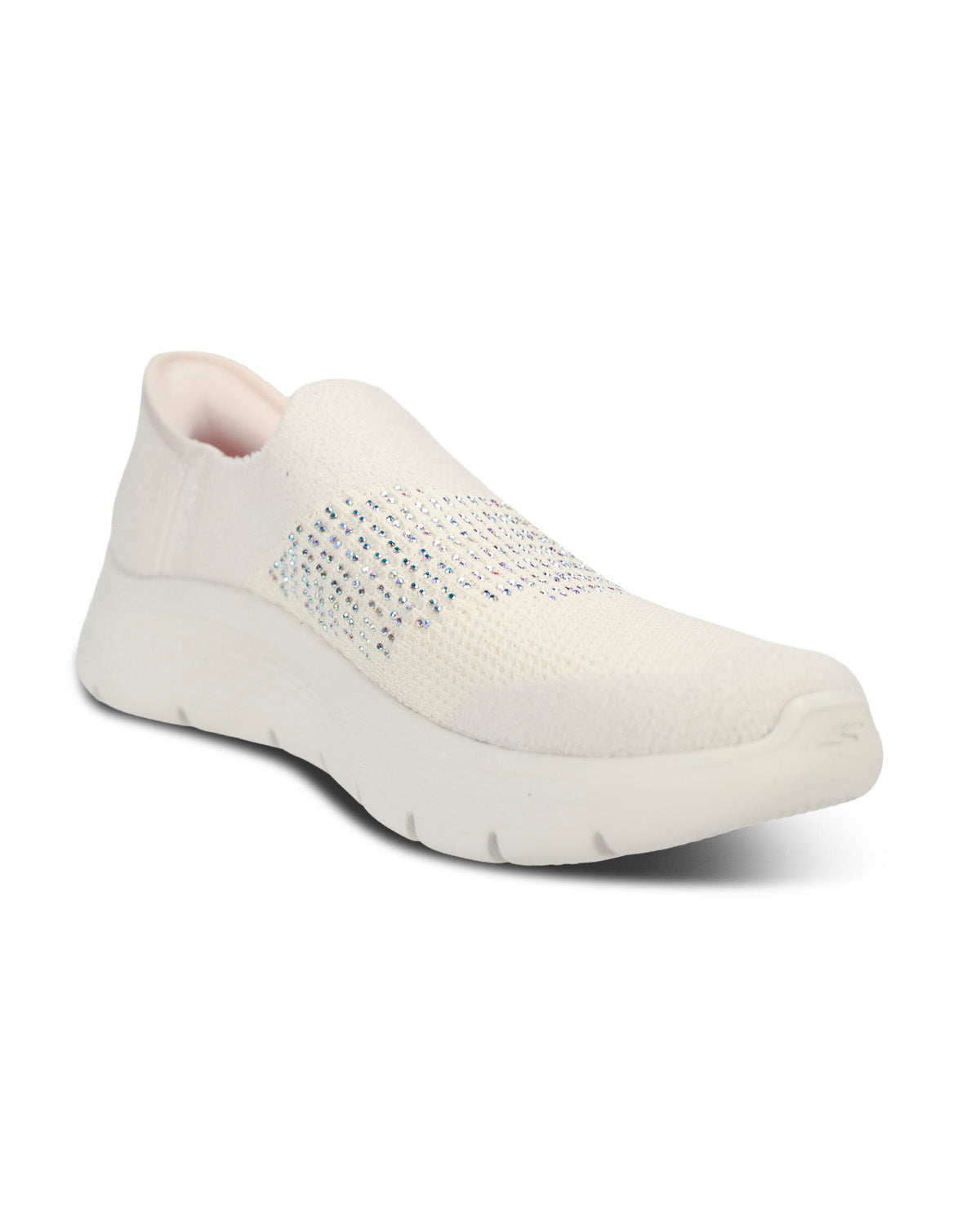 A white slip-on knit sneaker with a textured mesh upper, a rhinestone-embellished side panel, and a thick cushioned sole, shown against a plain white background.