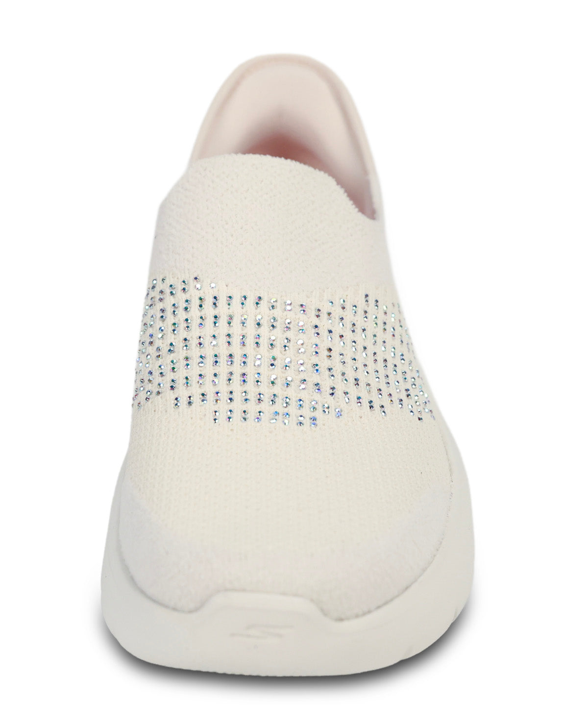 A white slip-on knit sneaker with a horizontal band of silver rhinestones across the side, shown from a front-facing perspective on a white background.