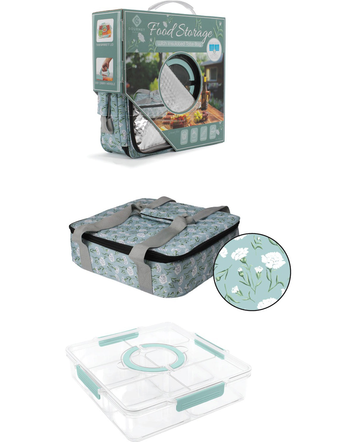 A food storage set shown in three views on a white background: the retail box at the top, the assembled insulated bag with straps at the middle, and a clear divided storage container with mint-green handles at the bottom. The bag and box feature a light blue floral print, and a circular inset shows a close-up of the fabric pattern.