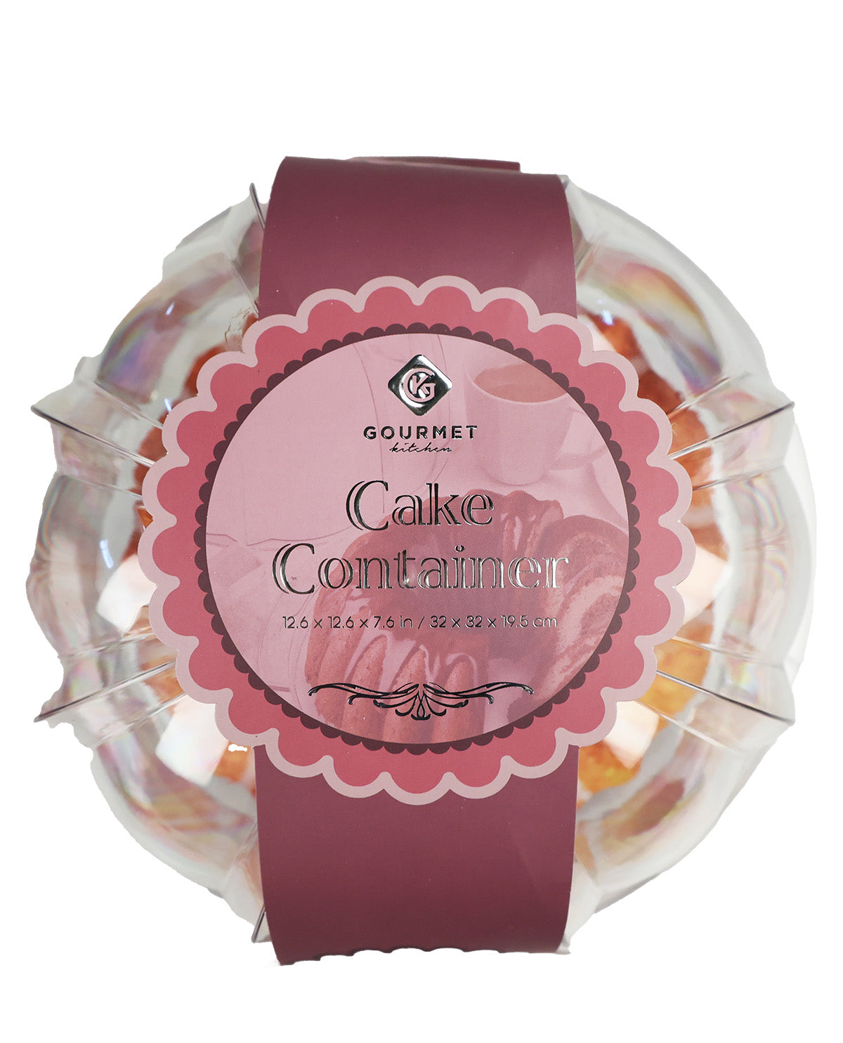 A round clear plastic cake container with a pink scalloped paper label reading 'Gourmet Kitchen Cake Container' on a white background.