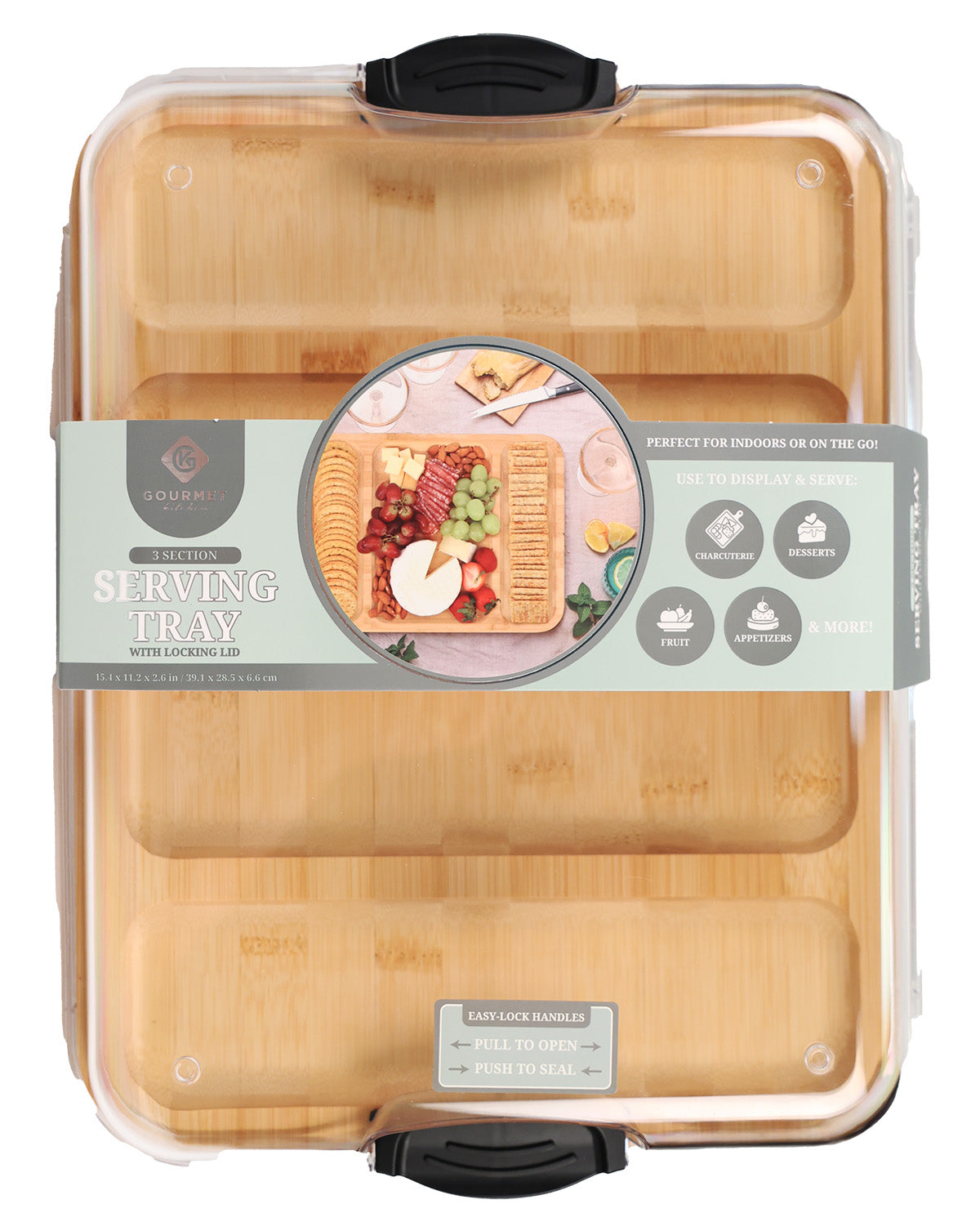 3 Section Bamboo Serving Tray With Lid