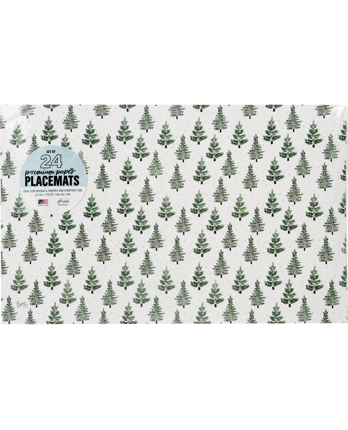 A pack of 24 Christmas-themed placemats featuring a repeating pattern of green pine trees on a white background with subtle gray speckles. A circular blue and white sticker is visible on the left side of the product.
