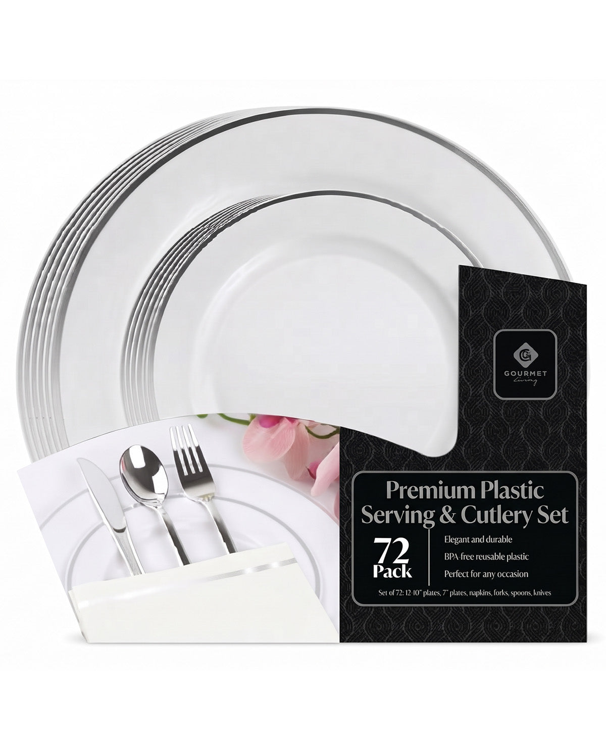 Silver Edge White 72 Piece Plate Party Kit
