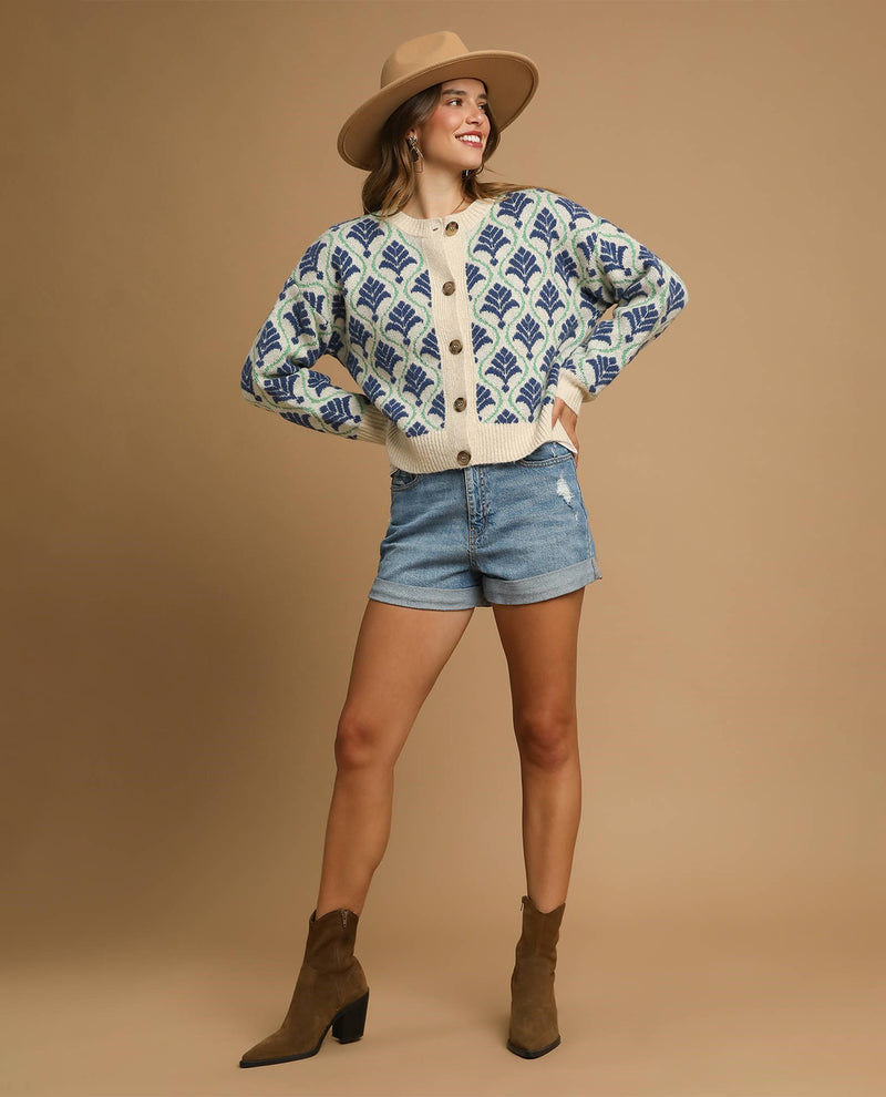 Umgee Printed Cream and Blue Cardigan Sweater