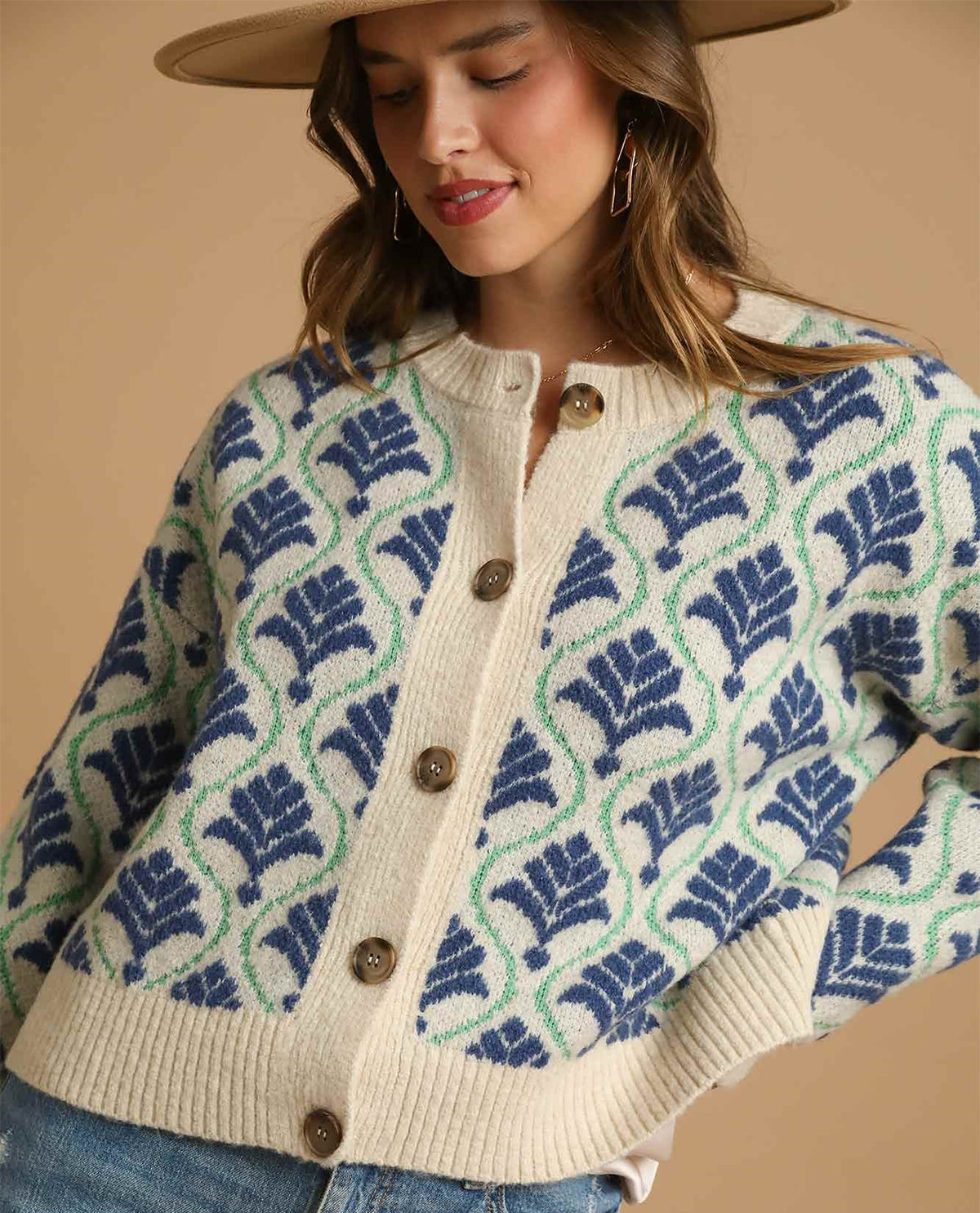 Umgee Printed Cream and Blue Cardigan Sweater