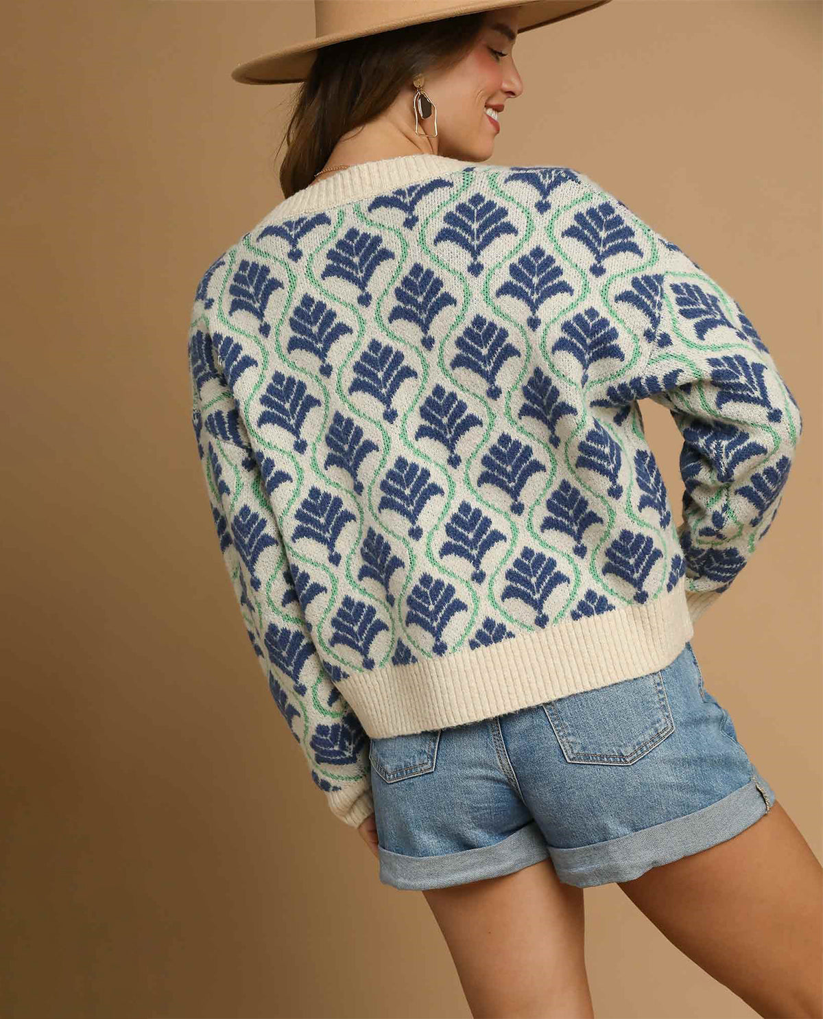Umgee Printed Cream and Blue Cardigan Sweater