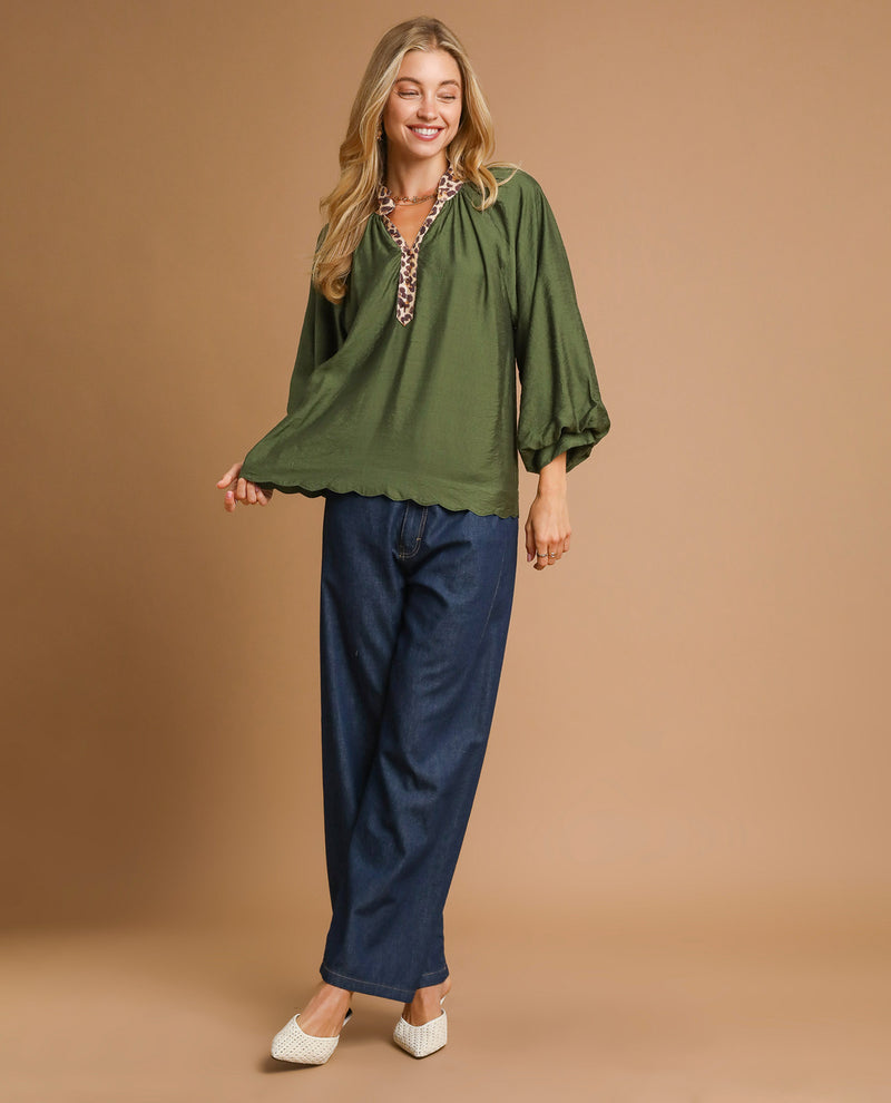Umgee Solid Henley with Animal Placket Olive