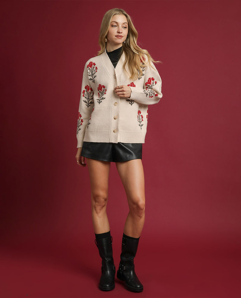 Umgee Floral Cardigan Sweater Ecru